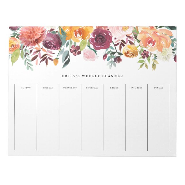 Watercolor Autumn Blooms Garland Weekly Planner Notepad (Front)