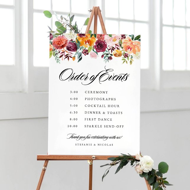 Watercolor Autumn Blooms Order of Events Wedding Poster (Creator Uploaded)