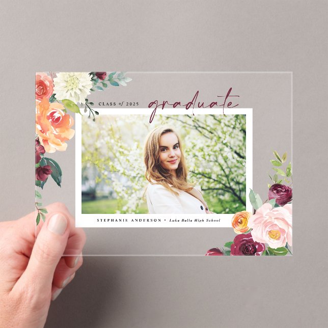 Watercolor Autumn Blooms Photo Graduation Acrylic Invitations (Insitu (Handheld))