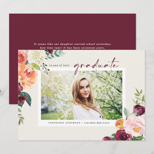 Watercolor Autumn Blooms Photo Graduation Invitation (Front/Back)