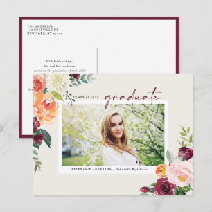 Watercolor Autumn Blooms Photo Graduation Invitation Postcard