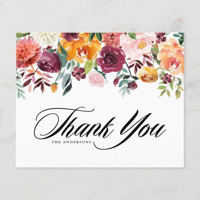 Watercolor Autumn Blooms Wedding Thank You Card (Front)