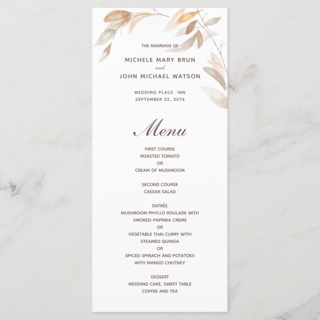 Watercolor Autumn Branch Leaves Wedding Menu (Front)