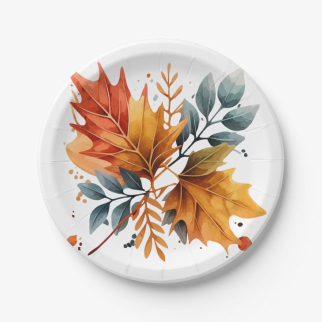 Watercolor Autumn Fall Colour Leaves Paper Plate (Front)