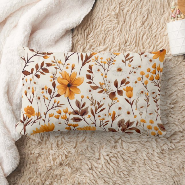 Watercolor Autumn Fall Flowers And Leaves Lumbar Pillow (Blanket)