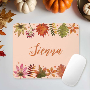 Watercolor Autumn Fall Leaves Name Mouse Pad