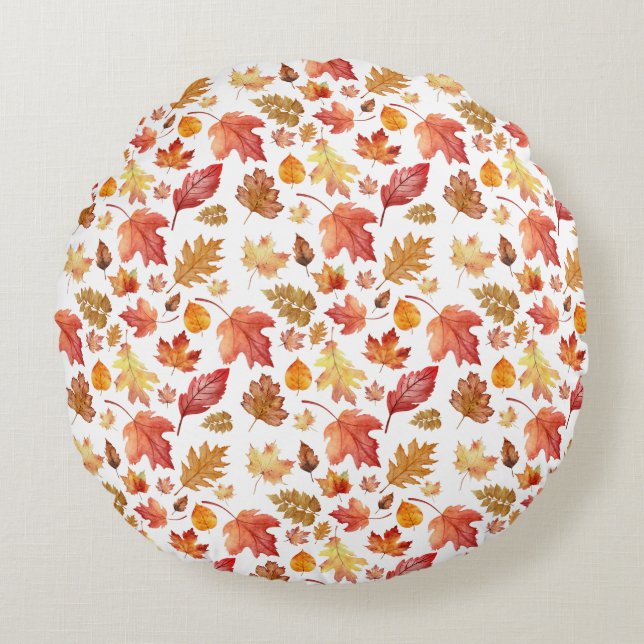 Watercolor Autumn Fall Leaves Seamless Pattern Round Pillow (Front)