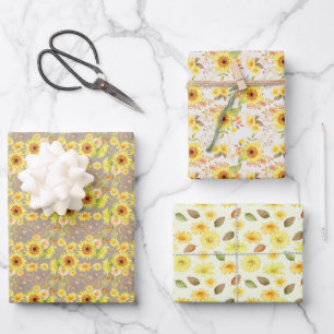 Watercolor Autumn Fall Sunflowers, Flower Pattern Wrapping Paper Sheet