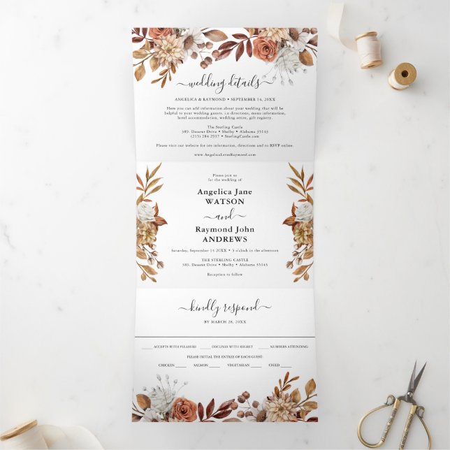 Watercolor Autumn Fall Wedding Elegant Tri-fold Invitation (Inside)