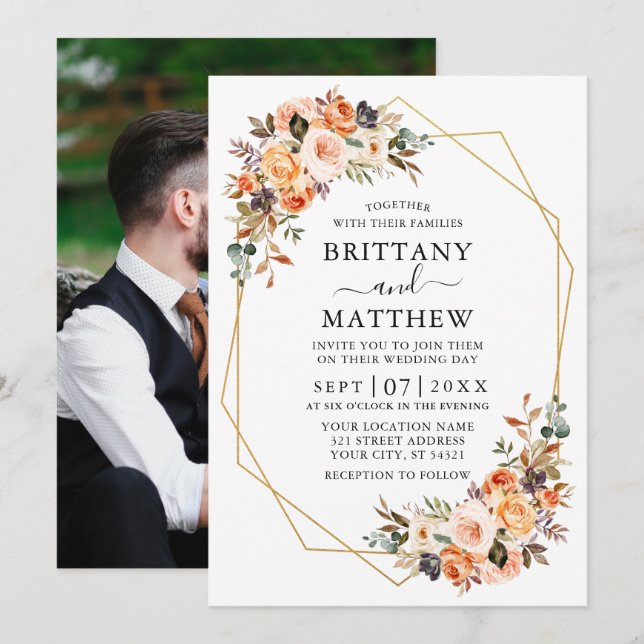 Watercolor Autumn Floral Geo Frame Photo Wedding Invitation (Front/Back)