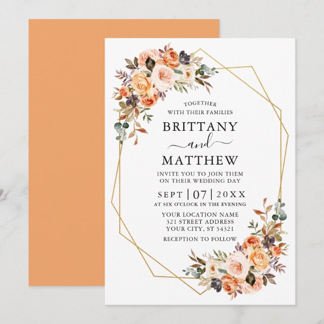 Watercolor Autumn Floral Geo Frame Wedding Peach Invitation (Front/Back)