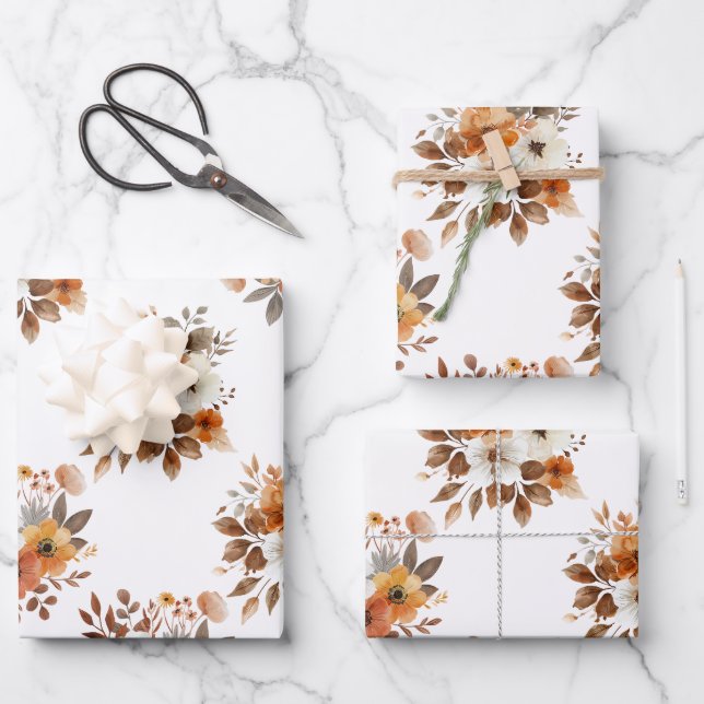 Watercolor Autumn Floral Gift Wrapping Paper (Front)