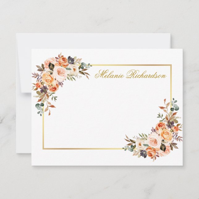 Watercolor Autumn Floral Personalized Gold Frame Card (Front)
