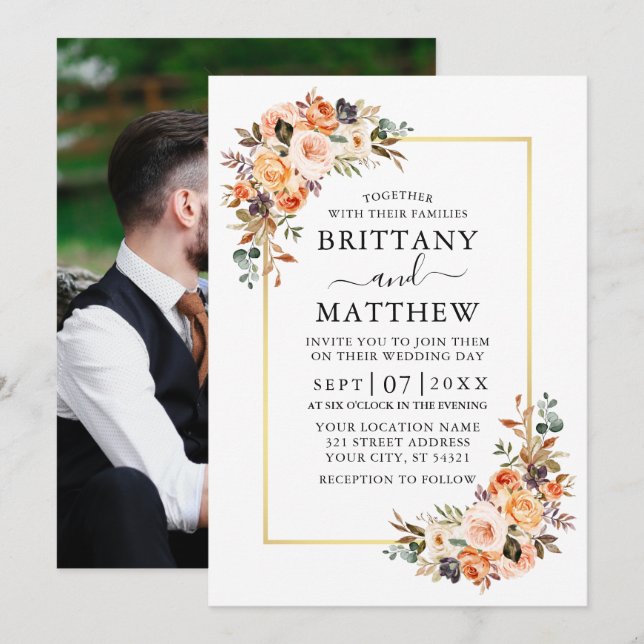 Watercolor Autumn Floral Photo Gold Frame Wedding Invitation (Front/Back)