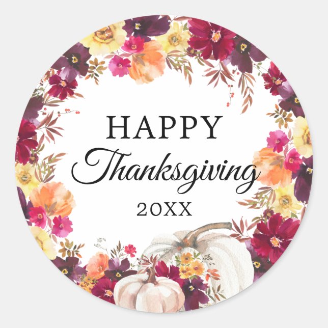 Watercolor Autumn Floral Pumpkin Thanksgiving Classic Round Sticker (Front)
