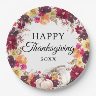 Watercolor Autumn Floral Pumpkin Thanksgiving Paper Plate
