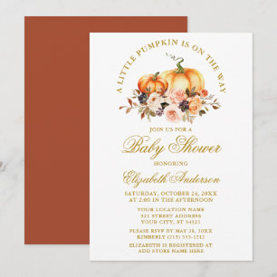 Watercolor Autumn Floral Pumpkins Baby Shower Gold Invitation