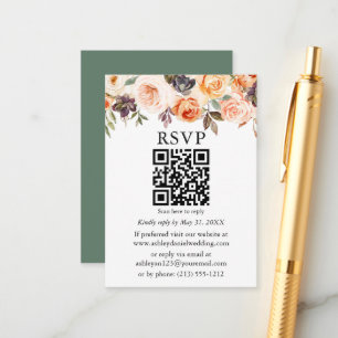 Watercolor Autumn Floral Sage Green QR RSVP Enclosure Card