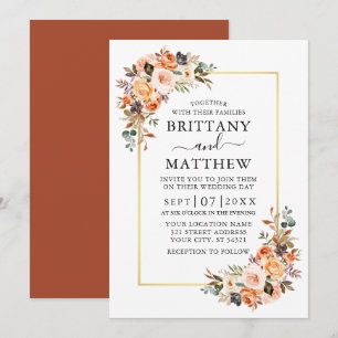 Watercolor Autumn Floral Wedding Gold Terracotta Invitation