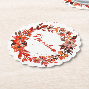 Watercolor Autumn Florals Custom Name Paper Coaster