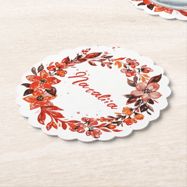 Watercolor Autumn Florals Custom Name  Paper Coaster (Angled)
