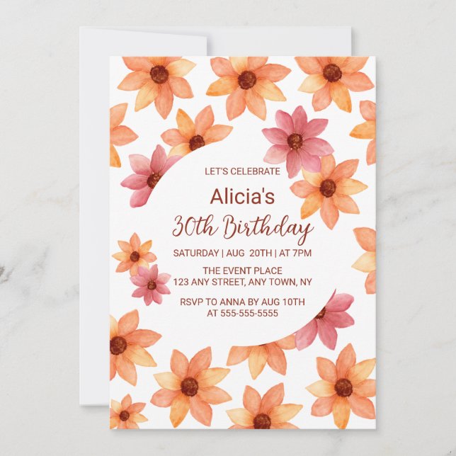 Watercolor Autumn Flower Any Age Birthday Invitation (Front)