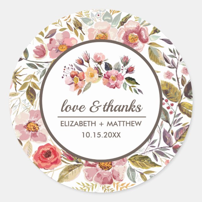 Watercolor Autumn Flowers Wedding  Classic Round Sticker (Front)