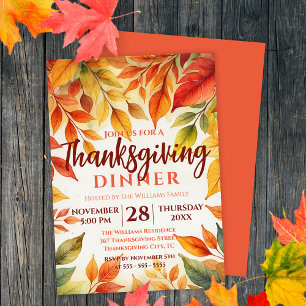 Watercolor Autumn Foliage Thanksgiving Dinner Invitation
