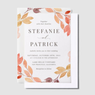 Watercolor Autumn Foliage Wreath Fall Wedding Vellum Invitations