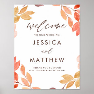Watercolor Autumn Foliage Wreath Wedding Welcome Poster