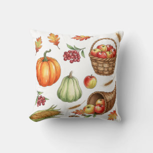 Watercolor Autumn Harvest Pumpkin Fall Pattern Throw Pillow
