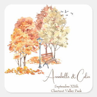 Watercolor Autumn in the Park Wedding Square Sticker