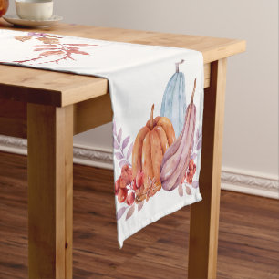 Watercolor Autumn Leaves and Pumpkins Short Table Runner