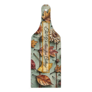 Watercolor Autumn Leaves and Wood Rustic Fall Art Cutting Board