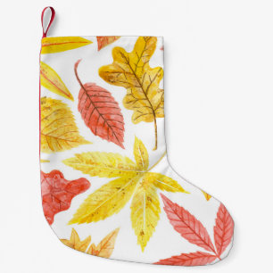 Watercolor autumn leaves, colourful pattern. small christmas stocking