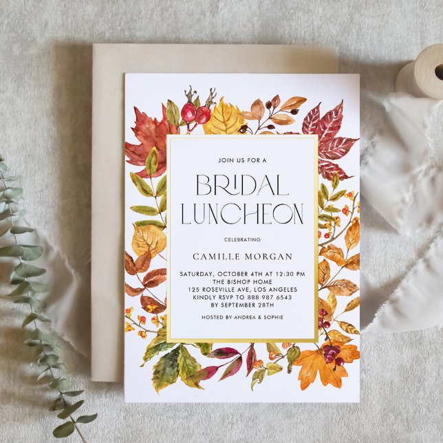 Watercolor Autumn Leaves Frame Bridal Luncheon (Customizable fall bridal luncheon invitation featuring watercolor autumn foliage and gold foil frame)