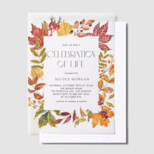 Watercolor Autumn Leaves Frame Celebration of Life Vellum Invitations