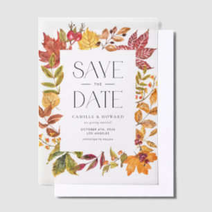 Watercolor Autumn Leaves Frame Fall Save the Date Vellum Invitations