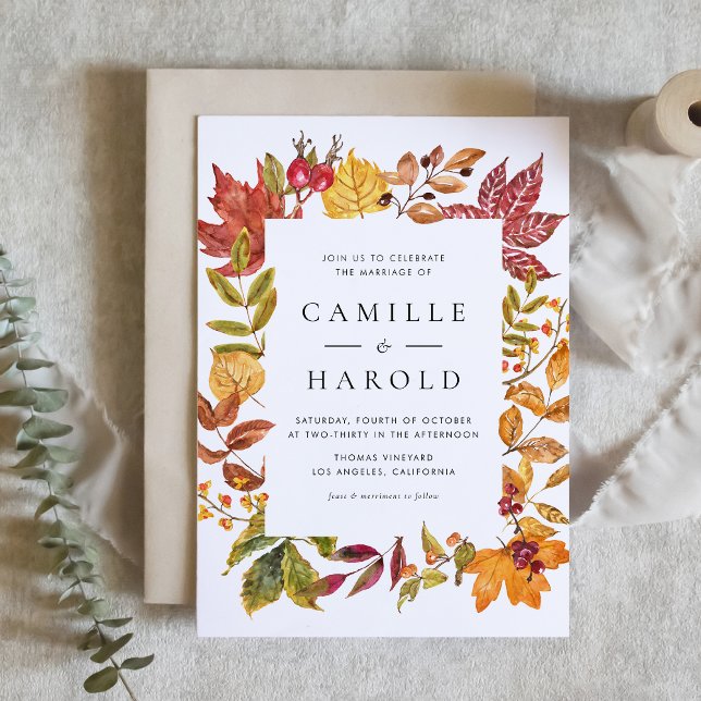 Watercolor Autumn Leaves Frame Fall Wedding Invitation (Customizable Autumn Wedding Invitation with Watercolor Fall Foliage Frame)