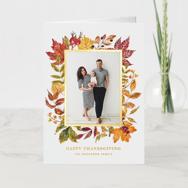 Watercolor Autumn Leaves Frame Thanksgiving Photo Foil Greeting Card (Front)