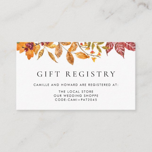 Watercolor Autumn Leaves Garland Wedding Registry Enclosure Card (Front)