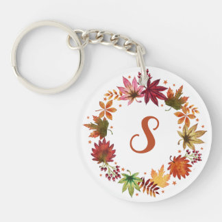 Watercolor Autumn Leaves Harvest Monogram Keychain