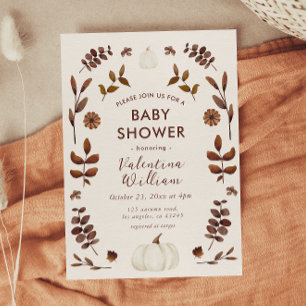Watercolor Autumn Leaves Pumpkin Baby Shower Invitation