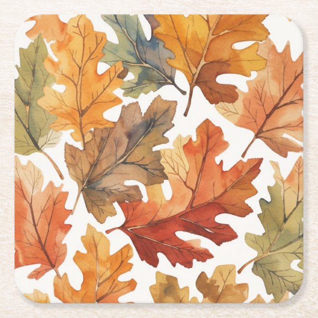 Watercolor Autumn Leaves Square Paper Coaster (Front)