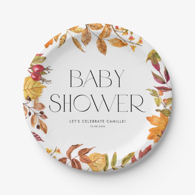 Watercolor Autumn Leaves Wreath Fall Baby Shower Paper Plate (Front)