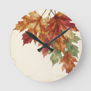 Watercolor Autumn Maple Leaves Elegant Round Clock