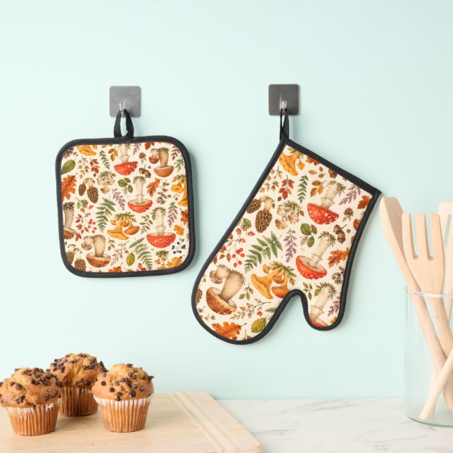 Watercolor Autumn Mushroom Pattern  Oven Mitt & Pot Holder Set (Insitu(Hanging))