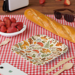 Watercolor Autumn Mushroom Pattern Paper Plate