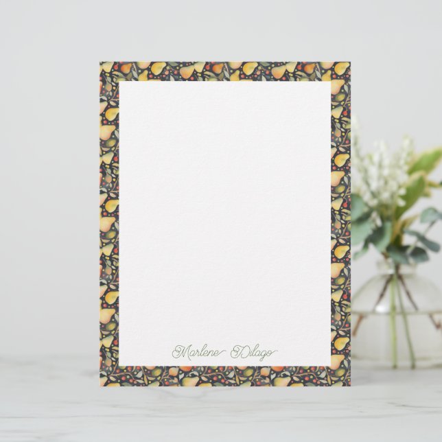 Watercolor Autumn Pears & Leaves Border Letterhead (Standing Front)