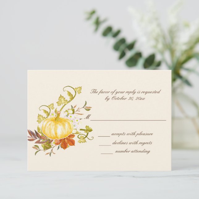 Watercolor Autumn Pumpkin and Leaves Wedding RSVP Card (Standing Front)